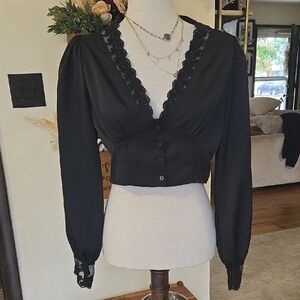 HYFVE Black Button-Up Blouse with Lace Detail
